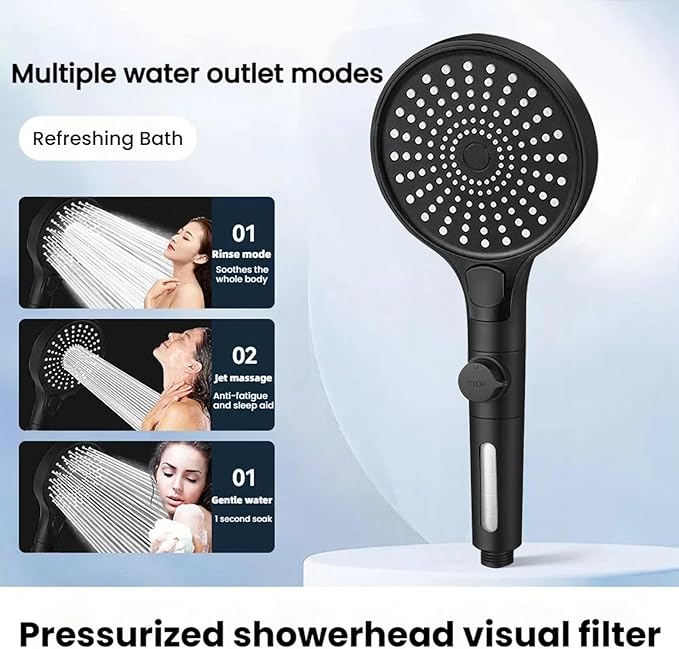 Filtered Handheld Shower Head with Hose and Holder, 5.1" Large High Pressure Shower Wand with 2 Extra Filters, Reinforced Matte Black Showerhead Set for Hard Water, 3 Spray Modes & One-Key Pause