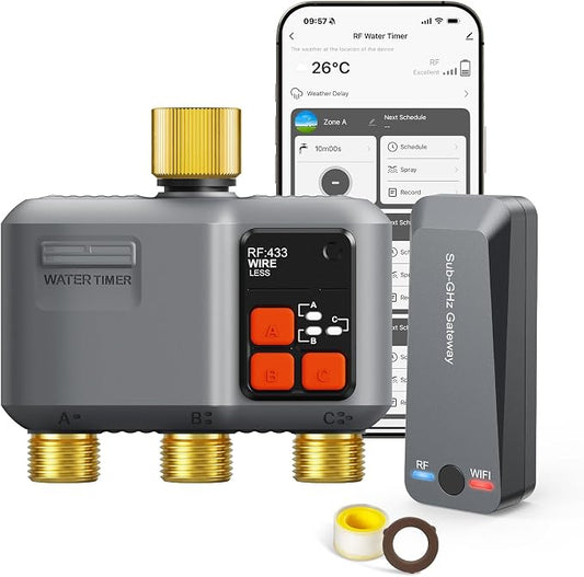 WiFi Sprinkler Timer 3 Zone with 984 FT Range, 3 Outlet Smart Water Timer for Garden Hose with Strong Wall Penetration/Rain Delay/Alexa & Google Voice/App Control, Water Hose Timers for Garden & Lawn