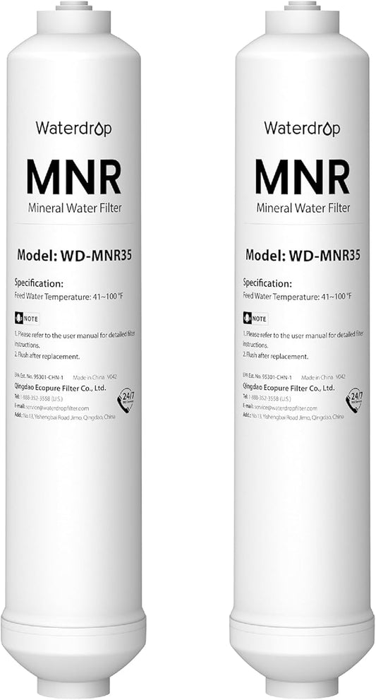 Waterdrop MNR35-2 Remineralization Filter, 1/4" Quick Connect Mineral Filter for Undersink Reverse Osmosis System, Restore Essential Minerals for RO System, RO Mineral Filter System, 2-Pack