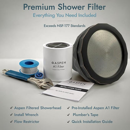 Aspen Filtered Shower Head for Healthy Hair & Skin | Removes Chlorine, Hard Water & Heavy Metals | High Pressure Shower Head with Filter | Water Softener | KDF-55