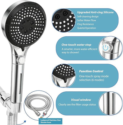 Filtered Shower Head with Handheld - High Pressure 6 Spray Modes Showerhead with Filters, Shower Head With Movable Bracket & 75" Anti-Burst Hose | 12 Replaceable Water Softener Filters for Hard Water