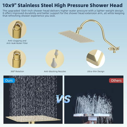 Hibbent All Metal CUPC Certified Shower Head, 10'' High Pressure Rainfall Shower Head, Handheld Showerhead Combo, 12'' Adjustable Extension Arm, 10 Sprays, 71'' Hose, Shower Holder, Brushed Gold