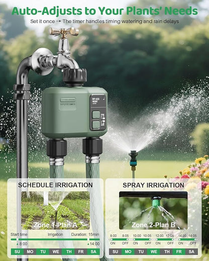 WiFi Water Timer 2 Zone for Garden Hose, 2 Pc Smart Sprinkler Timer with 984ft RF Range, Smart Lawn Watering System Irrigation Controller, APP/Voice Control, Rain Delay, Automatic/Manual Irrigation