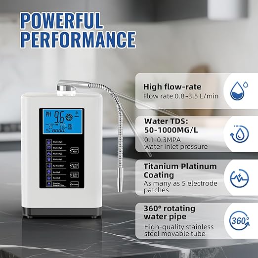 Alkaline Water Ionizer Machine, Water Machine PH 4-10.5 for Alkaline & Acidic Water, 5 Titanium Plates, Up to -500mV ORP, 8,000L Filter, 7 Water Settings, Auto-Cleaning, Intelligent Voice