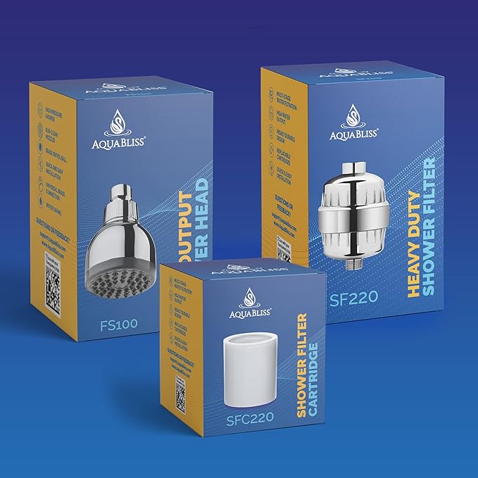 AquaBliss SF220 Multi-Stage Shower Filter w/Replaceable Cartridge - TurboSpa 3 Inch High Pressure Shower Head w/Flow Restrictor - AquaBliss SFC220 Replacement Multi-Stage Shower Filter Cartridge