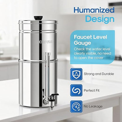 ICEPURE 2.25G Gravity-fed Water Filter System with Sight Glass Spigot, 304 Stainless Steel Countertop System, 2 Black Carbon Filters, Reduce 99% Chlorine, Lead for Home, Camping, Emergencies