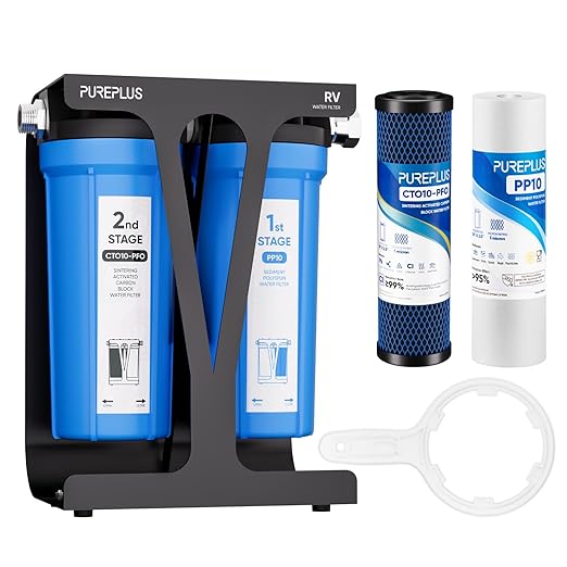 PUREPLUS RV Dual Stage Water Filter System with Sediment & PFAS Carbon Block Filters, NSF/ANSI 42 Certified, Reduces PFAS, VOCs, Chlorine, Odors, 13,000 Gal, Stainless Steel 3/4" Fittings