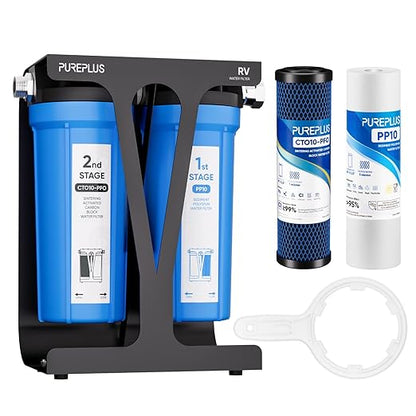 PUREPLUS RV Dual Stage Water Filter System with Sediment & PFAS Carbon Block Filters, NSF/ANSI 42 Certified, Reduces PFAS, VOCs, Chlorine, Odors, 13,000 Gal, Stainless Steel 3/4" Fittings