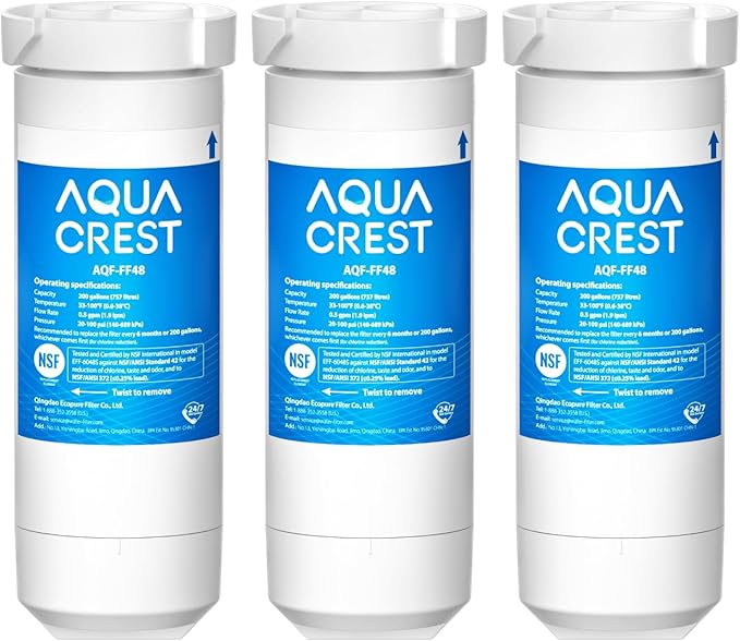 AQUA CREST XWF Refrigerator Water Filter, Replacement for GE® WR17X30702, Compatible with GE® GNE27, GFE26, GDE25, GSS25, PSE25 Series Refrigerators, NSF 42/372 Certified, 3-Pack (No-chip)