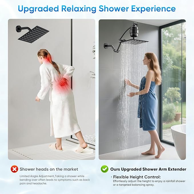 Shower Head with Filters, Stainless Steel Rain Filtered Shower Head, High Pressure Shower Head with 16" Shower Extension Arm - 20 Stage Shower Filter for Hard Water - 12" Black
