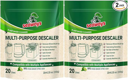 Seaways Multi-Purpose Descaler and Cleaner Powder (40-Uses) for Ice Maker Machine, Kettle, Tumbler, Bottles, Coffee Machine, Faucets, Shower Head, Limescale and Build-Up Remover, 20*0.35 oz (2 Packs)