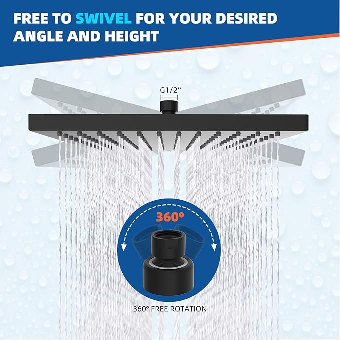 Hibbent cUCPC Certified Metal Rain Shower Head, 12'' High Pressure Shower Heads, Square Large Bathroom Rainfall Shower Head with Adjustable Brass Ball Joint, Waterfall Full Body Coverage, Matte Black