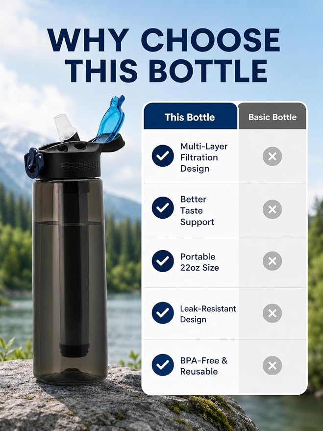22oz Water Filter Bottle, Portable Outdoor Filtered Water Bottle with Multi-Layer Filtration, Improves Taste & Reduces Odor, BPA-Free Reusable Bottle for Hiking, Camping & Travel (Black)