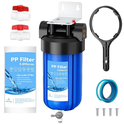 Whole House 10"x4.5" Blue PP Sediment Pre-Filter Housing with Drain Valve | Filters sediment, rust & dirt; pre-filter for city & well water with drain valve, comes with 1 pack PP filter and 2 valves