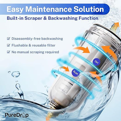 PureDrop PDR-ARB100WSP Spin Down Sediment Water Filter, Auto Flushing Module with Touch-Screen, Reusable Whole House Sediment Filter for Well Water w/Scraper, 100-Micron Prefilter Filtration System