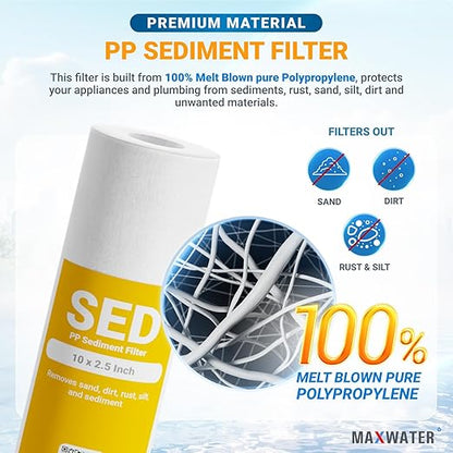 Max Water 2 Stage (Sediment, Odor & Improving Taste) Whole House 10 inch, Standard Water Filtration System - White Housing - Sediment + CTO - ¾ Inlet/Outlet