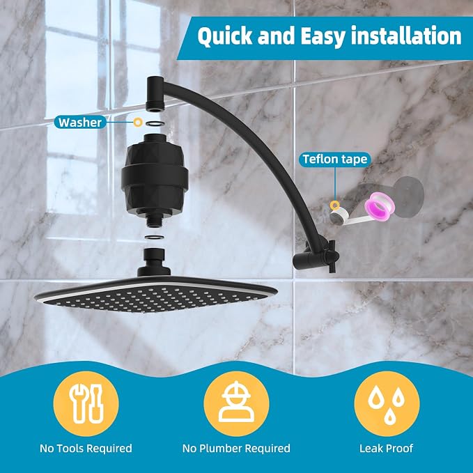 iFealClear Filtered Rain Shower Head with 12" Shower Extension Arm, 10" High-Pressure Boosting Rainfall Showerhead, Metal Shower Head Extender Adjustable Height/Angle, Easy to Install, Matte Black