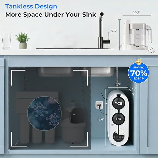 PureDrop PDR-100HRO Tankless Under Sink RO System with Auto-Fill Pitcher | • Fits standard cabinets• 2:1 pure-to-drain• LED filter life indicator• PP+carbon+RO filtration• Auto-fill Removable Pitcher