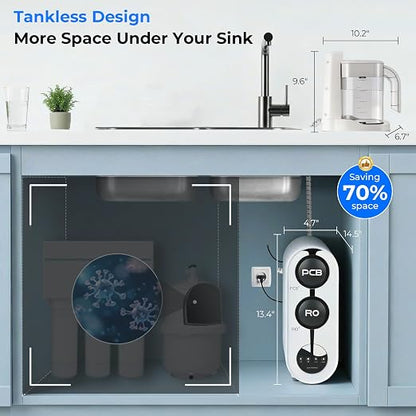 PureDrop PDR-100HRO Tankless Under Sink RO System with Auto-Fill Pitcher | • Fits standard cabinets• 2:1 pure-to-drain• LED filter life indicator• PP+carbon+RO filtration• Auto-fill Removable Pitcher