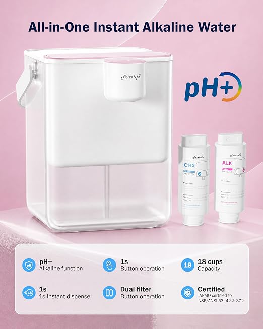 Frizzlife MD40 Alkaline Electric Water Filter Dispenser with 2 Filters, NSF/ANSI 53/42/372, 400-Gallon Pitcher, 18-Cup Countertop Rechargeable Instant System, 6 Months Filter Life Water Purifier