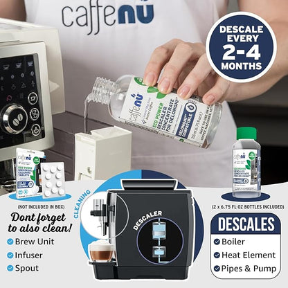 Delonghi Compatible Descaling Solution. 2 Bottles of Descaler Solution. Descaling Kit Removes Limescale For Hotter Coffee. 4 Uses Descaler For Delonghi Coffee Machines.