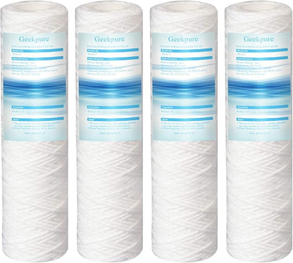 Geekpure 10 Inch PP Spun Wound String Replacement Sediment Filter for Whole House Water Filtration or RO System- 2.5" x 10"-5 Micron-Pack of 4