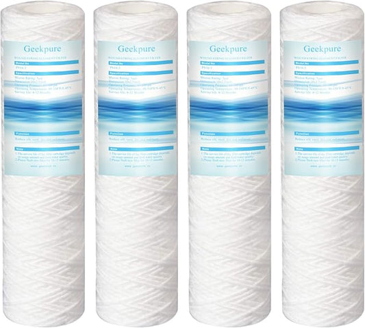 Geekpure 10 Inch PP Spun Wound String Replacement Sediment Filter for Whole House Water Filtration or RO System- 2.5" x 10"-5 Micron-Pack of 4