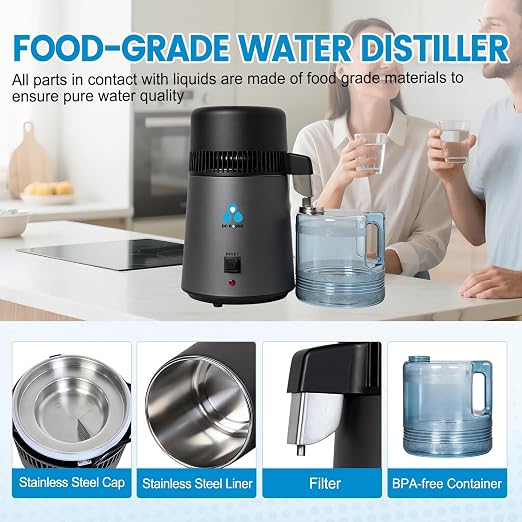 DC HOUSE 1 Gallon Water Distiller Machine, 750W 4L Pure Distilled Water Maker Machine with Container for Home Countertop Table Desktop, Drinking Purifier for Home Kitchen CPAP Hmidifiers (Black)