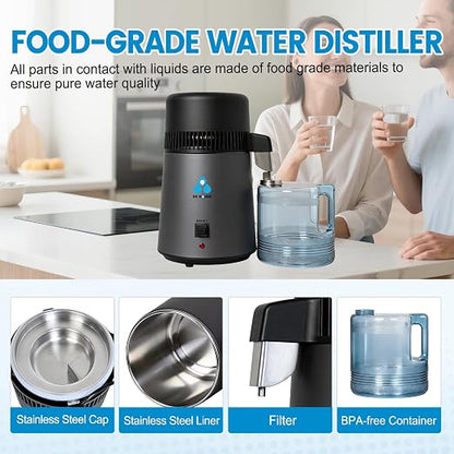 DC HOUSE 1 Gallon Water Distiller Machine, 750W 4L Pure Distilled Water Maker Machine with Container for Home Countertop Table Desktop, Drinking Purifier for Home Kitchen CPAP Hmidifiers (Black)