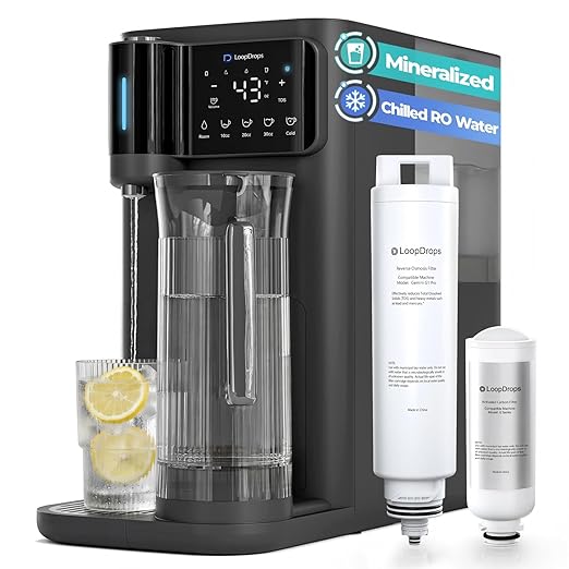 Mineral Countertop Reverse Osmosis System, 6-Stage RO Water Filter, 43℉ Chilled Water with UV-C Light, Large Capacity Tank, Autofill Pitcher, TDS Monitoring, Portable Purifier for Home
