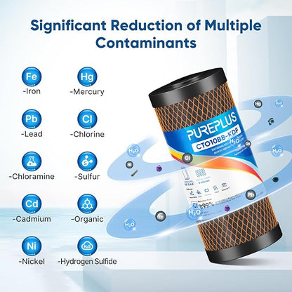 PUREPLUS 5 Micron 10"x4.5" Whole House Water Filter Replacement Bundle 3 Pack – 2× CTO Chlorine Taste Odor Reduction + 1× KDF Heavy Metal Filter – Fits Standard Housings GXWH40L, WFHDC8001, FXHTC