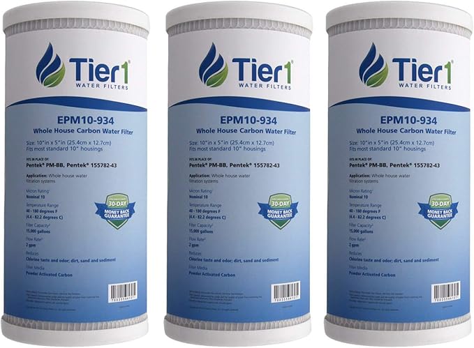 Tier1 10 Micron 10 x 4.5 Water Filter | Whole House Carbon Block Water Filter Replacement Cartridge | Replacement for Pentek EPM-BB, 155782-43, CB-45-1010, EPM10-934 | 4.5 x 10 Water Filter (3-Pack)
