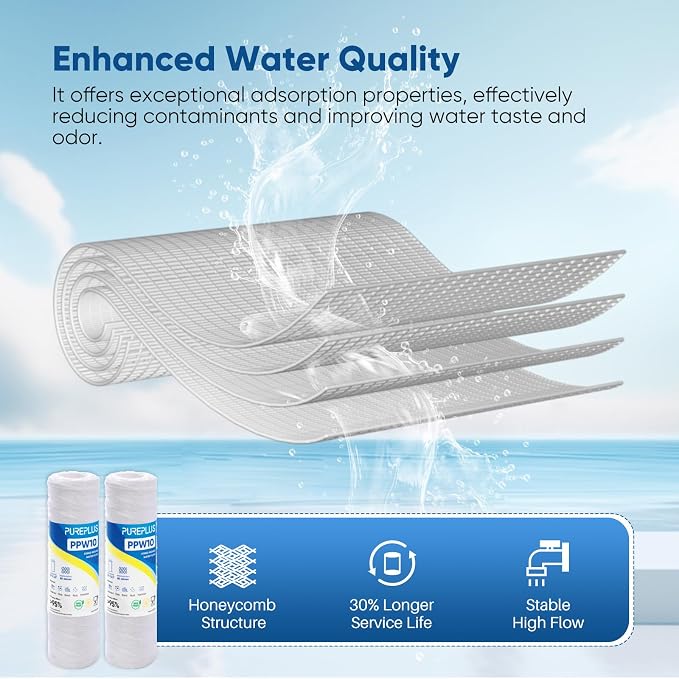 PUREPLUS 50 Micron 10"x2.5" Whole House String Wound Sediment Filter for Well Water, Replacement Cartridge for Universal 10 inch RO System, WP-5, AP110, CFS110, Culligan P5, WFPFC4002, 6Pack