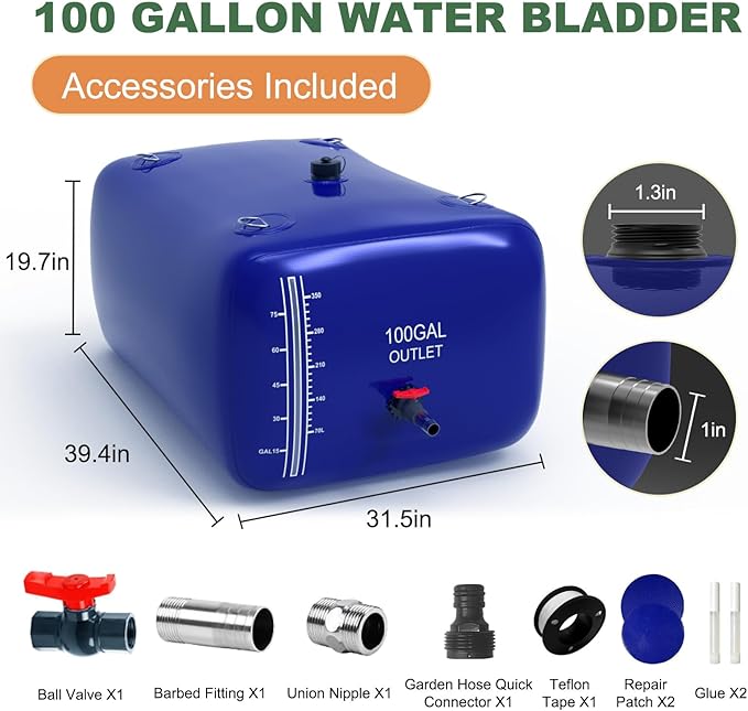 100 Gallon Water Bladder, 1000D PVC Foldable Portable Water Tank, Blue Large Capacity Water Bag Container for Garden, Drought Resistance, Fire Prevention, Emergency Supply