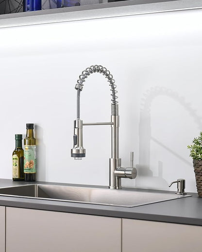 GIMILI LED Kitchen Faucet with Soap Dispenser, Modern Single Handle Spring Kitchen Sink Faucets with Pull Down Sprayer
