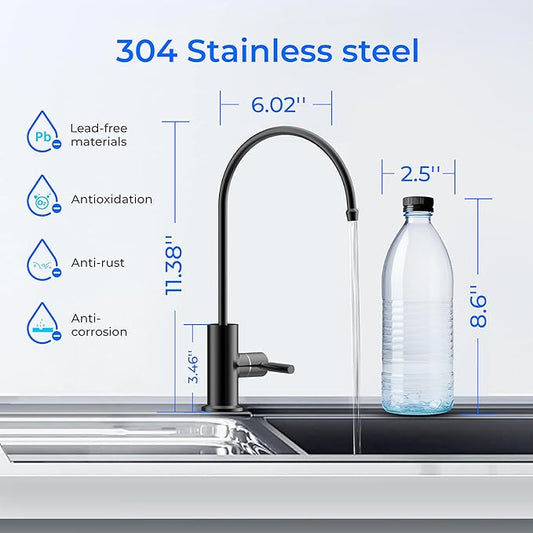 Waterdrop G2FCT-BLK Drinking Water Faucet, Reverse Osmosis Faucet, Water Filter Faucet for Kitchen Bar Sink, Single Handle, Easy to Install, Lead-Free, Stainless Steel, Black