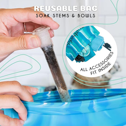 nugbuddy Glass Cleaning Kit - Reusable Silicone Accessories - Complete Kit to Clean your Piece, Just Add Cleaner - Reusable Soaker Bag, Brushes, Mat, Caps & Plugs, Funnel, & Microfiber Towel