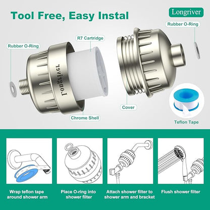 R7 Shower Filter High Put Shower Water Filter for Hard Water 99.99% Remove Chlorine, Shower Water Softener, Improve your skin and hair, Bathroom Fixture Hardware Parts, Brushed Nickel, 2 Pack