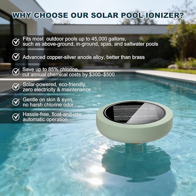 Solar Pool Ionizer for Above Ground, Solar Powered Floating Copper Purifier, Reduce Chlorine 85% Up to 45,000 Gallons, Swimming Pools Water Cleaner for In-ground Pools and Spas (Green)