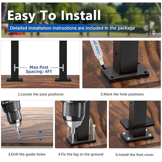 36" T304 Cable Railing Post(Post 35"x2"x2"), Level Drilled Railing Post with Cable Grommets, Modular Fixed Top Mount Cable Handrail Post, Stainless Steel Black Finish Indoor Outdoor Deck Post