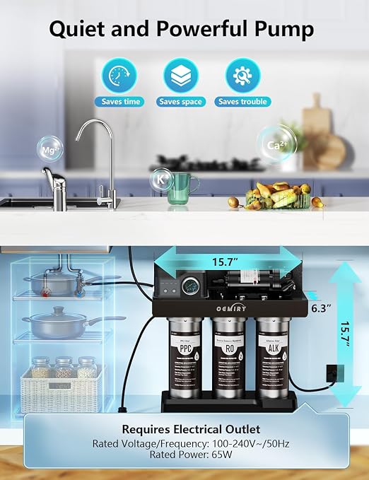 Stainless Steel 600 GPD Tankless Reverse Osmosis System, 9-Stage Alkaline Remineralization Under-Sink Water Filter, 2:1 Pure-to-Drain, Plug-in for Home, Kitchen, and RV