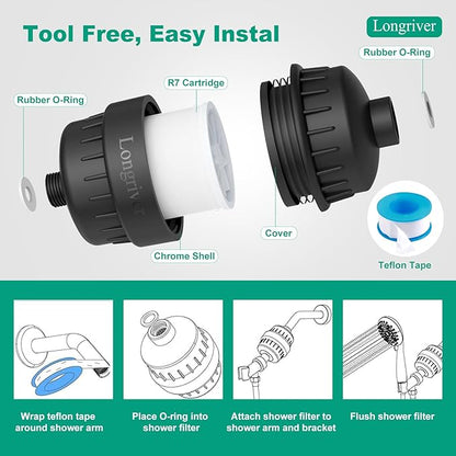R7 Shower Filter High Put Shower Water Filter for Hard Water 99.99% Remove Chlorine, Heavy Metals, Shower Water Softener, Improve your skin and hair, Bathroom Fixture Hardware Parts, Black