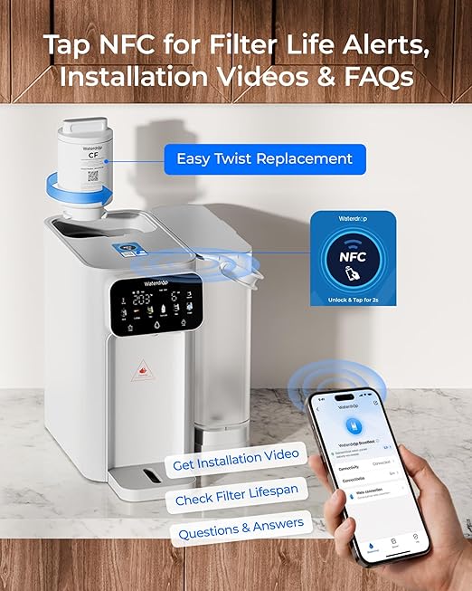 Waterdrop CT01 Countertop Water Filter System, Hot and Cold Water Dispenser with 6-Stage Filtration[𝐍𝐎𝐓 𝐑𝐎], 5 Temperature Options, Upgraded Product for Water Boiler, Touchscreen, White