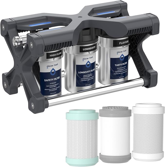 GLACIER FRESH RV Water Purification System with Replacement Filter Cartridges, 0.2 Micron High Flow Filter, Sediment Longevity Filter, and Improved Taste Granular Activated Carbon Filter