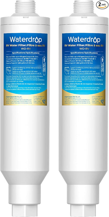 Waterdrop RV/Marine Water Filter, Camper Water Filter, NSF Certified, Garden Hose Filter, Greatly Reduces Chlorine, Bad Taste, Odor, 2 Pack