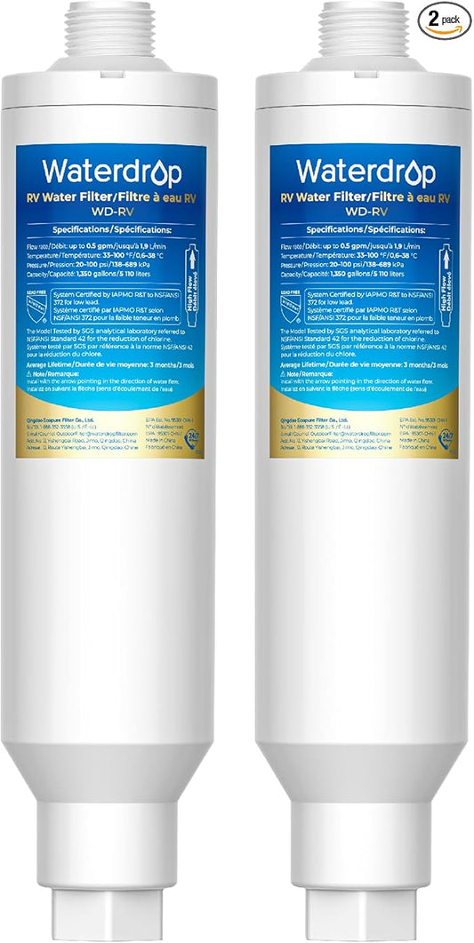 Waterdrop RV/Marine Water Filter, Camper Water Filter, NSF Certified, Garden Hose Filter, Greatly Reduces Chlorine, Bad Taste, Odor, 2 Pack