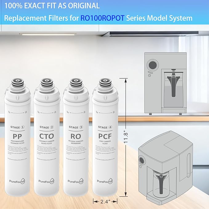 RO100ROPOT 4-Pack Water Filter Replacement Cartridge Set Compatible with Bluevua RO100ROPOT and RO100ROPOTUV Series Replacement Filter Cartridge, Pack of 4 Filters (1 PP, 1 CTO, 1 RO, 1 PCF)