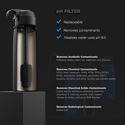BLU All-in-ONE | Water Filter Flask | Vacuum Insulated Stainless Steel Bottle | Portable Water Filter Purifier (26oz) | Made in USA | Removes 99.99% Contaminants (pH Filter)