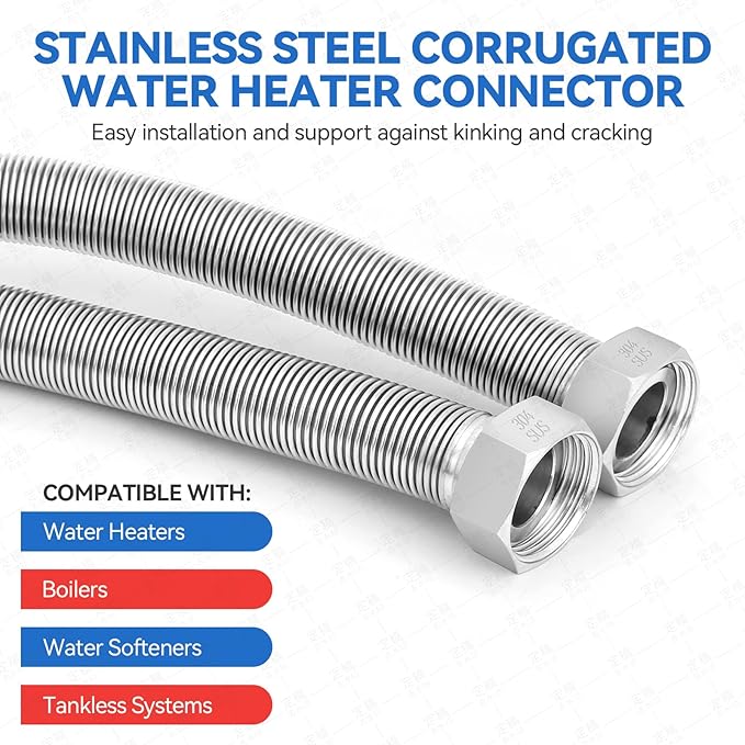 36 Inch Flexible Stainless Steel Corrugated Water Heater Connector Hose,3/4" FIP x 3/4" FIP,304 Stainless Steel Leak-Proof Flexible Line for Tankless Water Heater,Water Softener,RV,Boiler(1PCS)