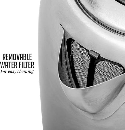 OVENTE Electric Tea Kettle Stainless Steel 1.7 Liter Portable Instant Water Boiler Heater 1100W Power Fast Boiling with Cordless Body and Automatic Shut Off for Coffee Milk Chocolate Silver KS27S